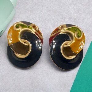 Vintage Lightweight Elegant Multicolor Enamel Swirl Clip On Earrings